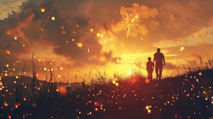 Backlit silhouette of a family hiking to watch fireworks