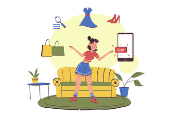 Shopping concept illustrations.  Woman selecting items to buy in an online store. Modern vector for graphic and web design.	