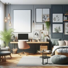 A Room with a template mockup poster empty white and with a desk chair and a bed realistic lively card design.