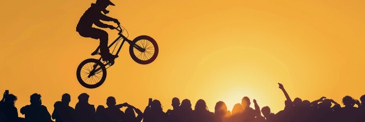 Obraz premium A silhouette of a cyclist soaring through the air on a sleek BMX bike, performing a mid-air trick against a backdrop of a graffiti-covered wall and cheering spectators. The image captures the thrill