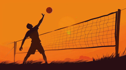 Vibrant Silhouette Volleyball Game on Canvas Backdrop - obrazy, fototapety, plakaty