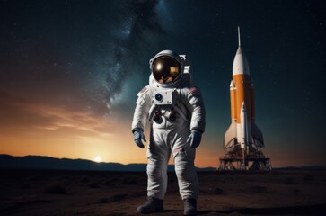 Realistic astronaut against the background of a rocket on which he is about to fly away