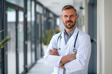 Portrait Photo of a Handsome Male Doctor at the Hospital, Generative AI