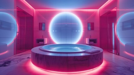 Luminous Fusion Powered Sanctuary A Futuristic Bathroom Bathed in Vivid Neon Glow - obrazy, fototapety, plakaty