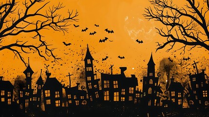 a city panorama in black in halloween style on yellow and orange background