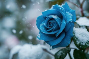Beautiful and rare blue rose blooming in the fresh snowfall. Creating a stunning contrast between the vivid color of the flower and the chilly winter backdrop. Serene garden