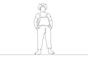 Man farmer in overalls and boots. The male character is engaged in agriculture. Villager. Gardener. One continuous line. Line art. Minimum one line. White background. One line drawing.