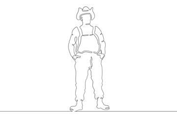 Man farmer in overalls and boots. The male character is engaged in agriculture. Villager. Gardener. One continuous line. Line art. Minimum one line. White background. One line drawing.