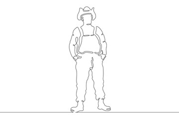 Man farmer in overalls and boots. The male character is engaged in agriculture. Villager. Gardener. One continuous line. Line art. Minimum one line. White background. One line drawing.