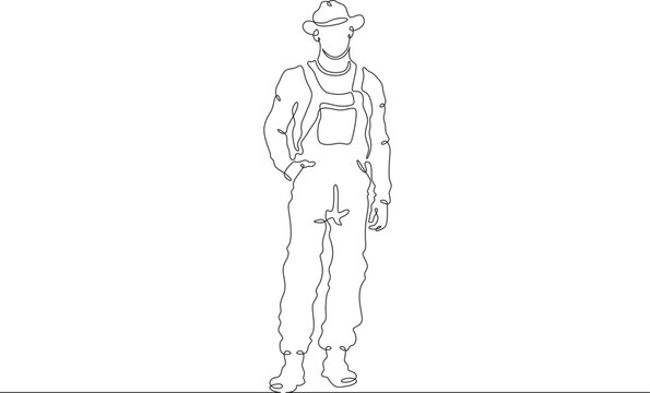 recommend clip art: Man farmer in overalls and boots. The male character is engaged in agriculture. Villager. Gardener. One continuous line. Line art. Minimum one line. White background. One line drawing.