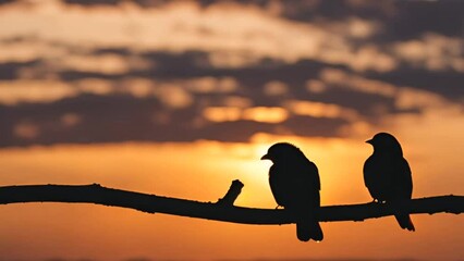 Silhouette of lovebirds perching on a branch enjoying sunset 