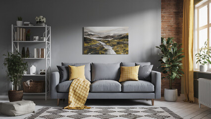 White sofa with grey pillows and yellow plaid against grey mock up wall with copy space. Scandinavian hygge interior design of modern living room, home.
