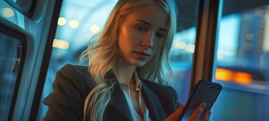 Attractive blonde businesswoman using smartphone while commuting to work  - obrazy, fototapety, plakaty