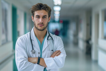 Portrait Photo of a Handsome Male Doctor at the Hospital, Generative AI