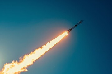 A rocket with smoke billowing out of it blasts off into the clear blue sky, showcasing a fiery and powerful launch