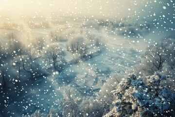 Snow gently falls from the sky onto a winter landscape with soft diffused lighting, creating a serene ambiance