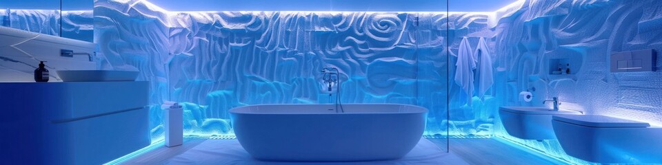 Futuristic Bathroom with Neural Nexus Technology for Stimulating Senses and Enhancing Mood - obrazy, fototapety, plakaty