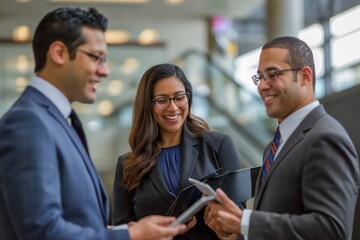 Three professionals engaged in a discussion in an office setting