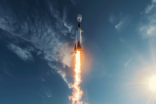 A SpaceX Falcon rocket is blasting off with fiery propulsion against a clear blue sky