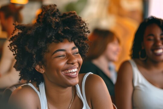 Young African American woman and her friends laughing and chatting together at a restaurant table - Powered by Adobe