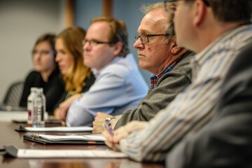 Fototapeta premium Business professionals engaged in a focused discussion during a formal meeting at a conference table