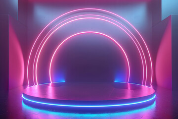 Futuristic neon podium scene template for product presentation with abstract geometric backdrop 3d rendering with podium. Generative Ai.