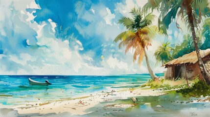 Charming watercolor painting depicting a peaceful beach holiday getaway