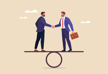 Agreement concept. Vector flat minimalistic full length illustration of two businessmen shaking hands while balancing on an abstract surface