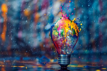 Closeup of a light bulb covered in colorful paint splashes with rain droplets suspended in motion - Powered by Adobe