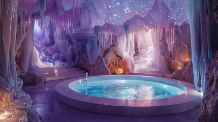 Captivating Crystal Cavern Inspired Luxury Bathroom with Shimmering Fixtures and Soothing Water - obrazy, fototapety, plakaty
