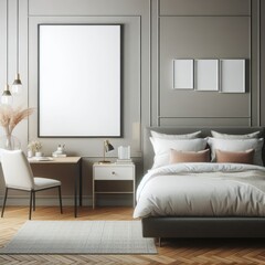 Bedroom sets have mockup poster empty white with Bedroom interior and a desk image has illustrative meaning has illustrative meaning has illustrative meaning card design.