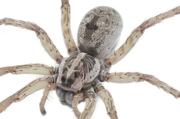 Large female wolf spider - Hogna lenta - facing camera,  extreme detail throughout, view of pattern, hairs eyes, abdomen. isolated cutout on white background, top side profile view. Extreme closeup
