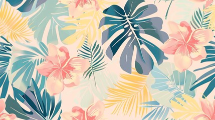 Naklejka premium Summer Seamless Pattern Background with palm leaves and pink flowers