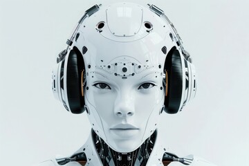 Female robot face, looking at the