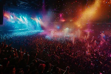 Colorful confetti falling on a lively crowd at a concert, illuminated by vibrant stage lights. Exciting atmosphere captured in motion