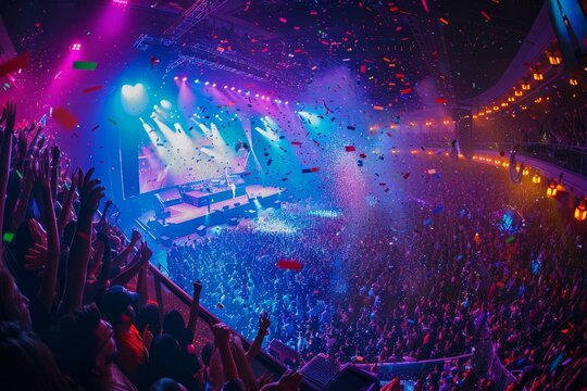 A lively crowd at a concert venue filled with vibrant stage lights of different colors, celebrating as confetti falls from above