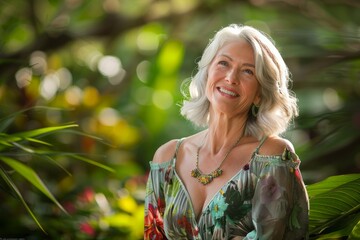 Naklejka premium A senior woman with grey hair smiling joyfully in a lush tropical setting