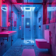Futuristic Quantum Powered Smart Bathroom with Vibrant Neon Lighting and Personalized Features - obrazy, fototapety, plakaty
