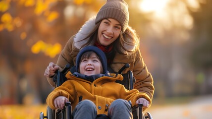 Young boy in a wheelchair laughing with mom