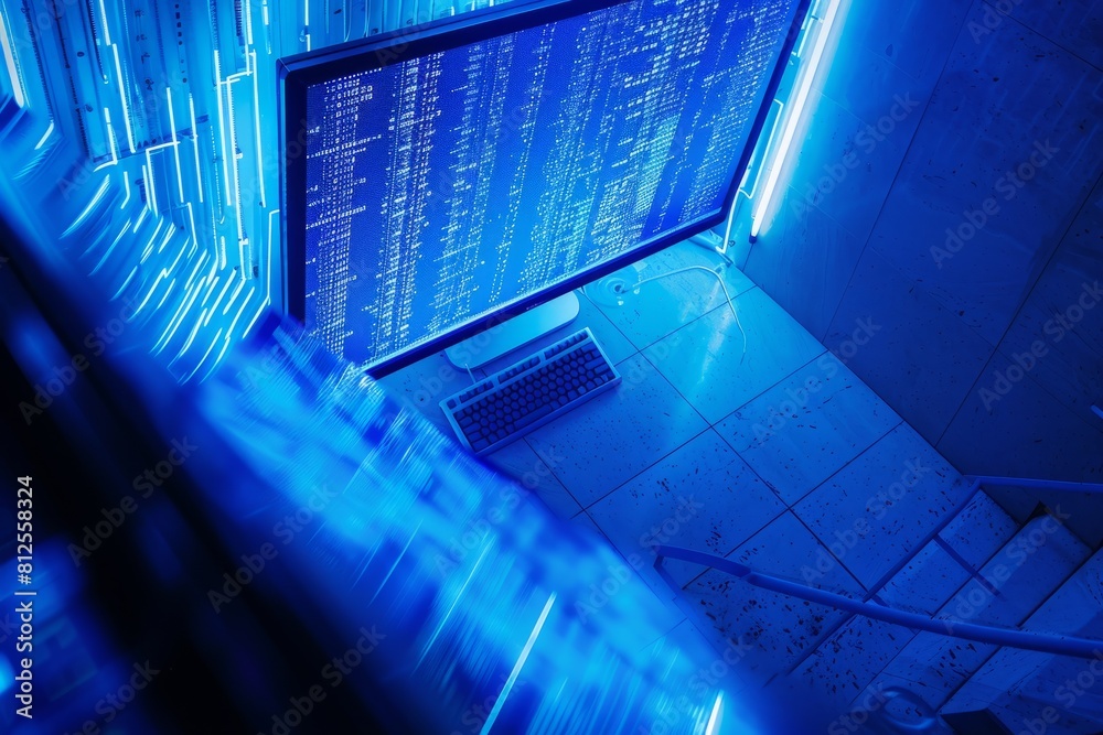 Poster a computer screen in a dark room emits a vibrant blue hue from the binary data displayed on the moni