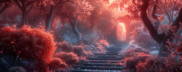 A surreal infrared image of a traditional garden, with vegetation glowing eerily and pathways darkened, resembling a scene from a fantasy novel