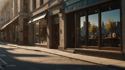 photo of a shop with a glass display case on the side of the road in the morning made by AI generative