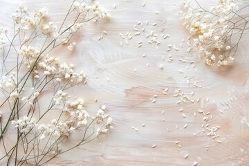Babys breath flowers adorn a rustic wooden table