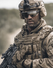 Fototapeta premium portrait of American commando with camouflaged face, isolated white background. 