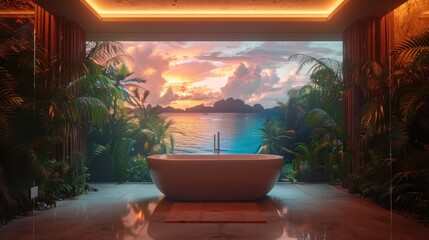 Luxurious Bathroom Transports You to a Tropical Paradise with Virtual Reality - obrazy, fototapety, plakaty