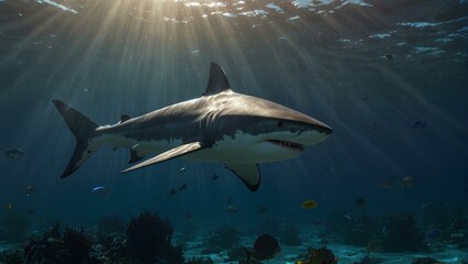 Obraz premium A majestic great white shark swimming in the deep ocean depths. Generative AI