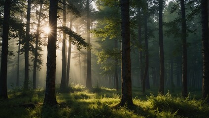 photo of forest scenery with many trees in the morning made by AI generative
