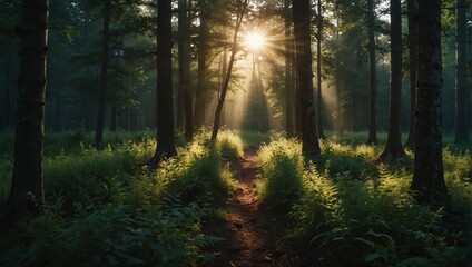 Fototapeta premium photo of forest scenery with many trees in the morning made by AI generative