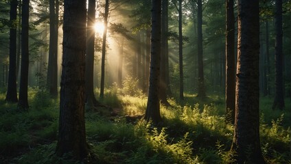 Fototapeta premium photo of forest scenery with many trees in the morning made by AI generative