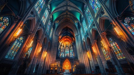 Fototapeta premium An HDR photo capturing the interior of a cathedral, highlighting the intricate details and contrast between the stained glass and stone pillars
